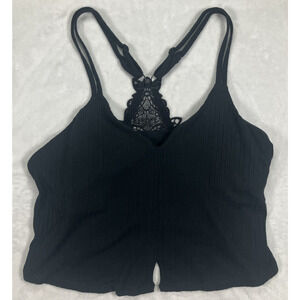 Aerie Size XL Women's Lace Racerback Built In Bra Cropped Tank Top Black Ribbed